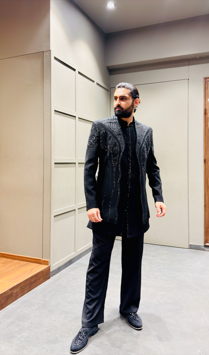 Midnight Black Embroidered Indo-Western Set with Intricate Tonal Detailing
