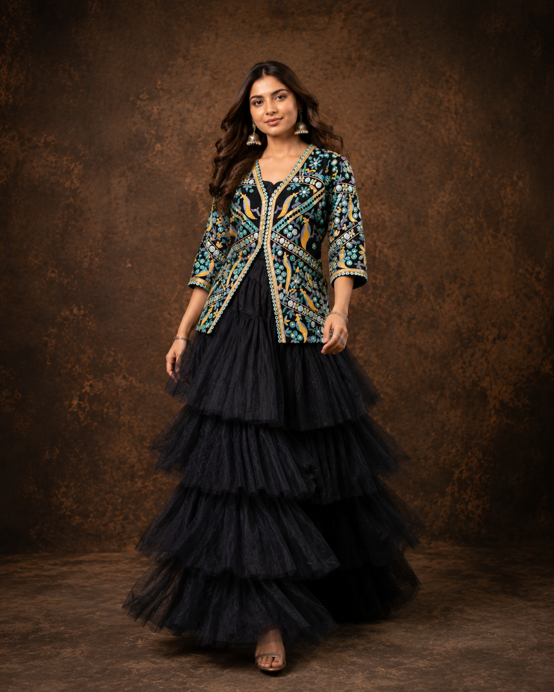 Midnight Black Embroidered Indo Western Jacket Lehenga Set