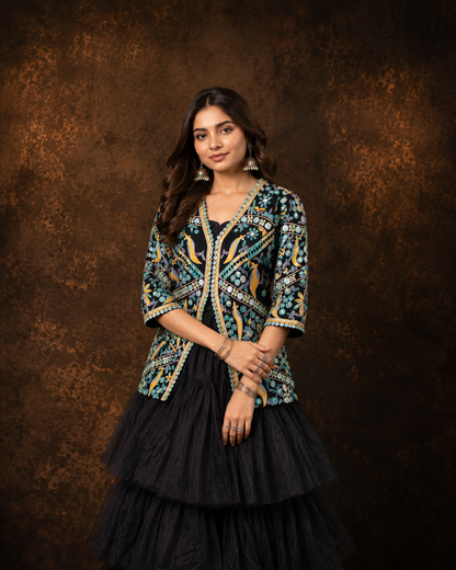 Midnight Black Embroidered Indo Western Jacket Lehenga Set
