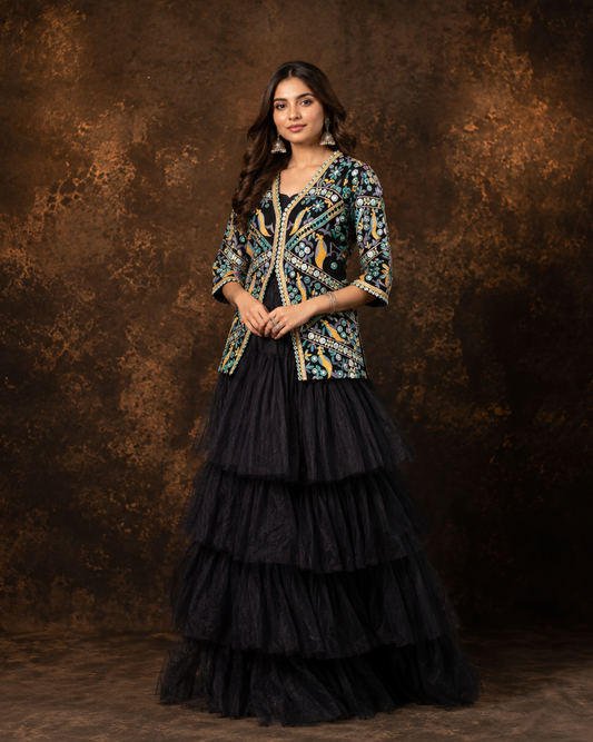 Midnight Black Embroidered Indo Western Jacket Lehenga Set