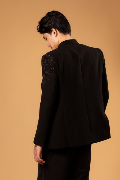 Midnight Black Embroidered Indowestern