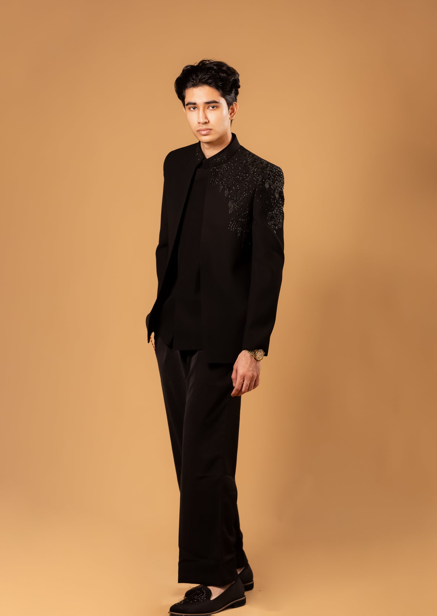 Midnight Black Embroidered Indowestern