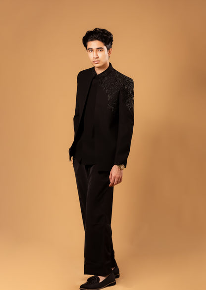 Midnight Black Embroidered Indowestern