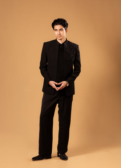 Midnight Black Embroidered Indowestern