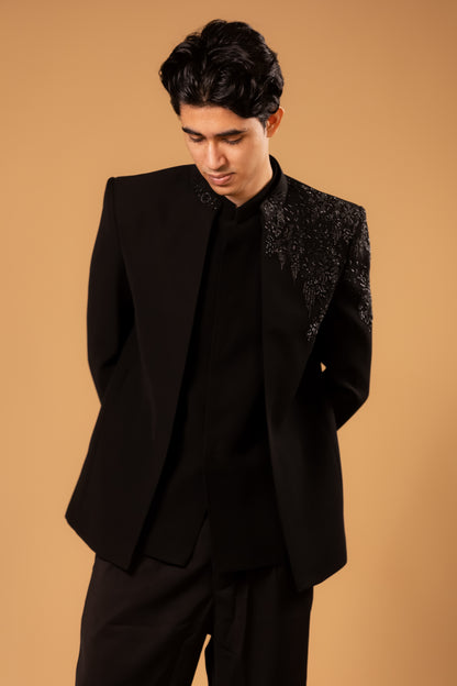 Midnight Black Embroidered Indowestern