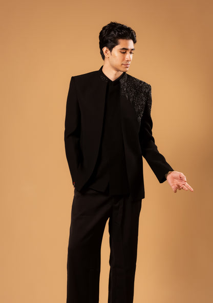 Midnight Black Embroidered Indowestern