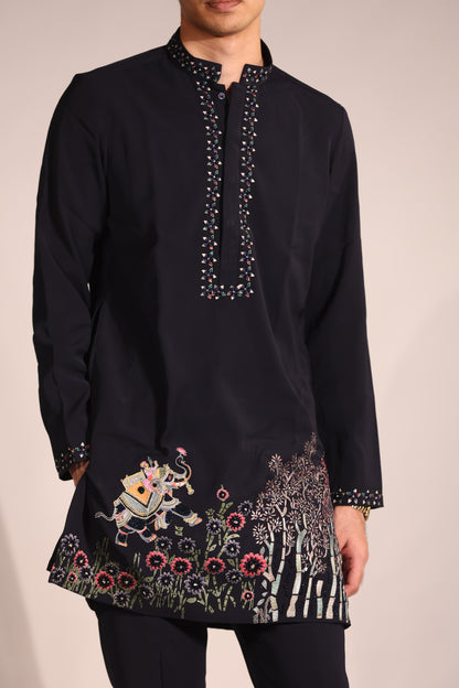 Midnight Blue Hand-Embroidered Indo-Western Set with Floral & Narrative Motif Detailing