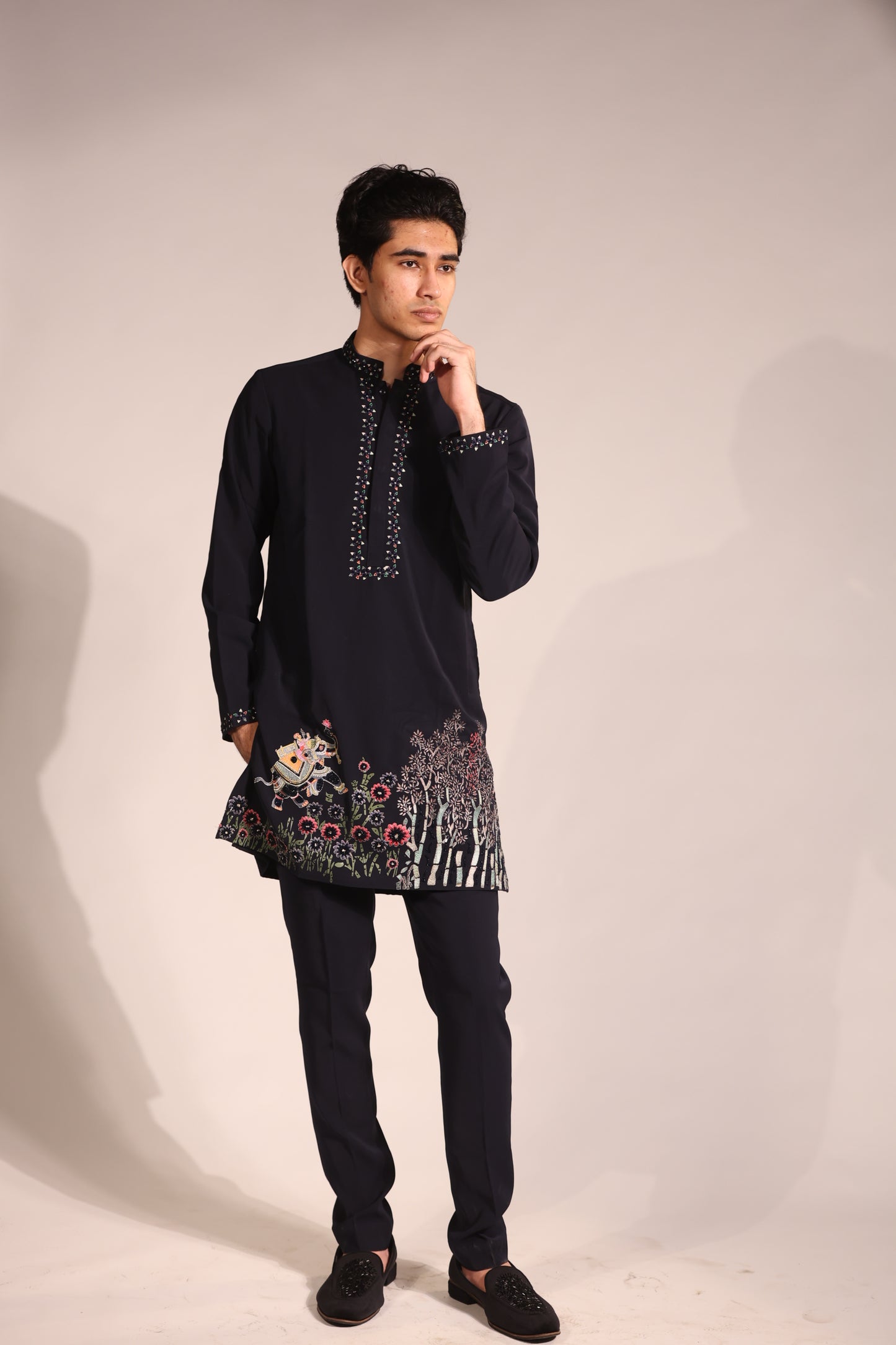 Midnight Blue Hand-Embroidered Indo-Western Set with Floral & Narrative Motif Detailing