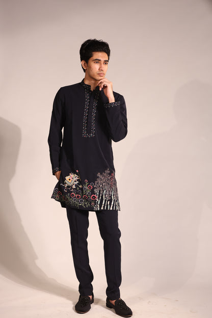 Midnight Blue Hand-Embroidered Indo-Western Set with Floral & Narrative Motif Detailing