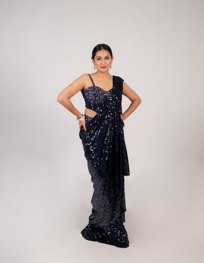 Midnight Black Sequin Saree with Sculpted Corset Blouse