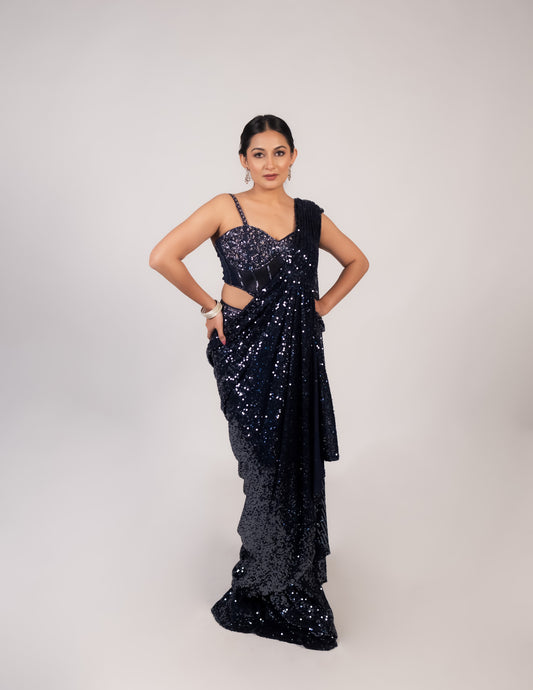 Midnight Black Sequin Saree with Sculpted Corset Blouse