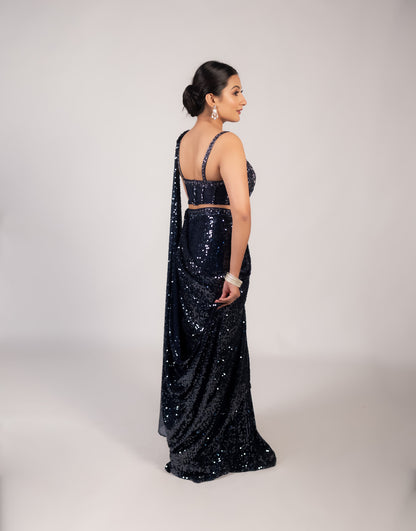 Midnight Black Sequin Saree with Sculpted Corset Blouse