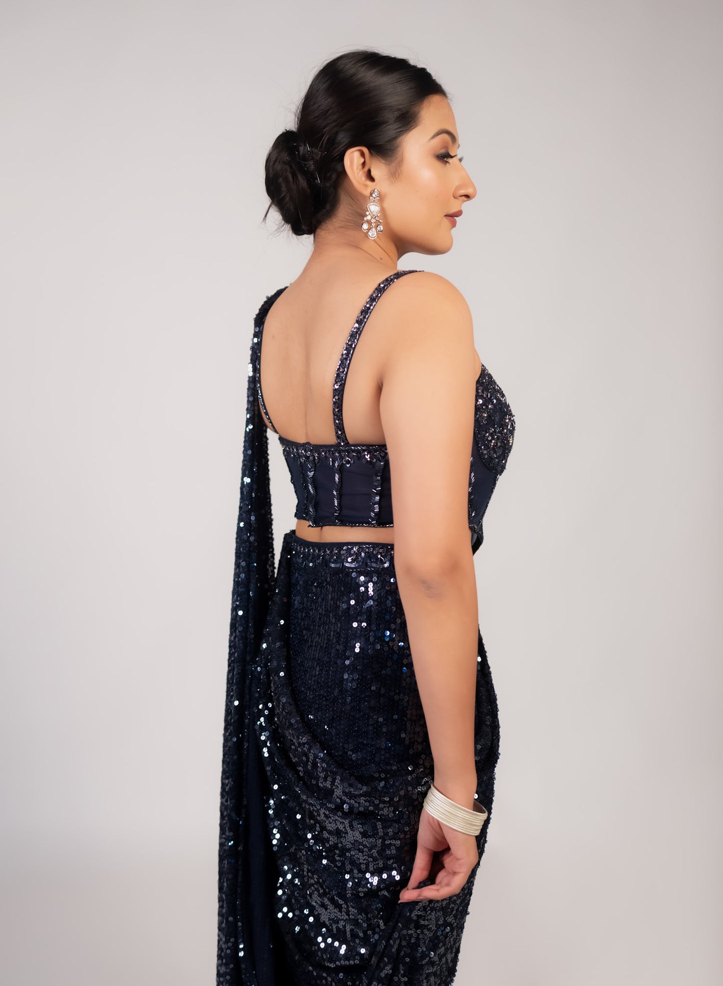 Midnight Black Sequin Saree with Sculpted Corset Blouse