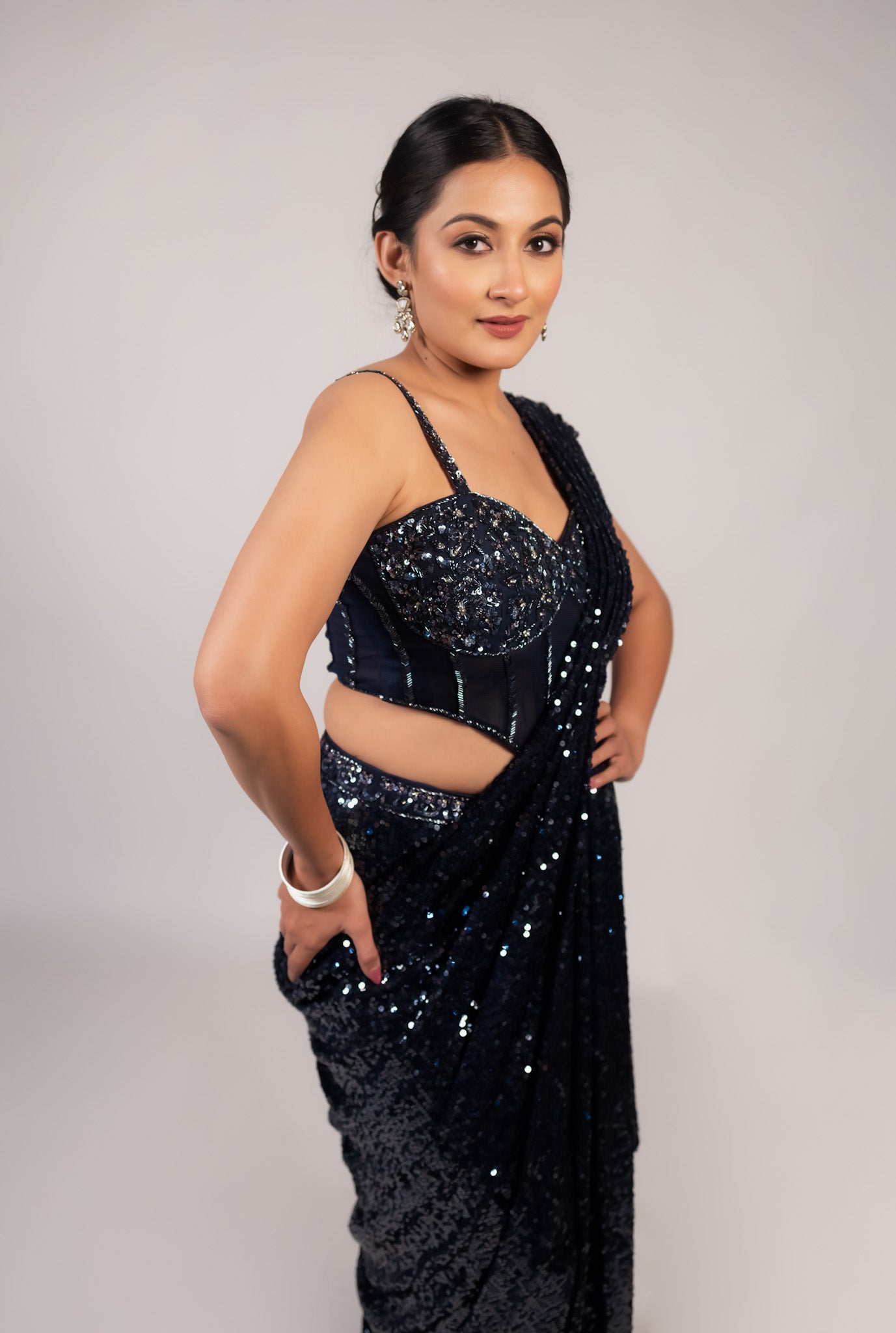 Midnight Black Sequin Saree with Sculpted Corset Blouse