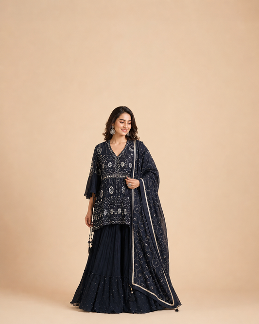 Midnight Black Sequins Embroidered Designer Lehenga Set with Mirror Work