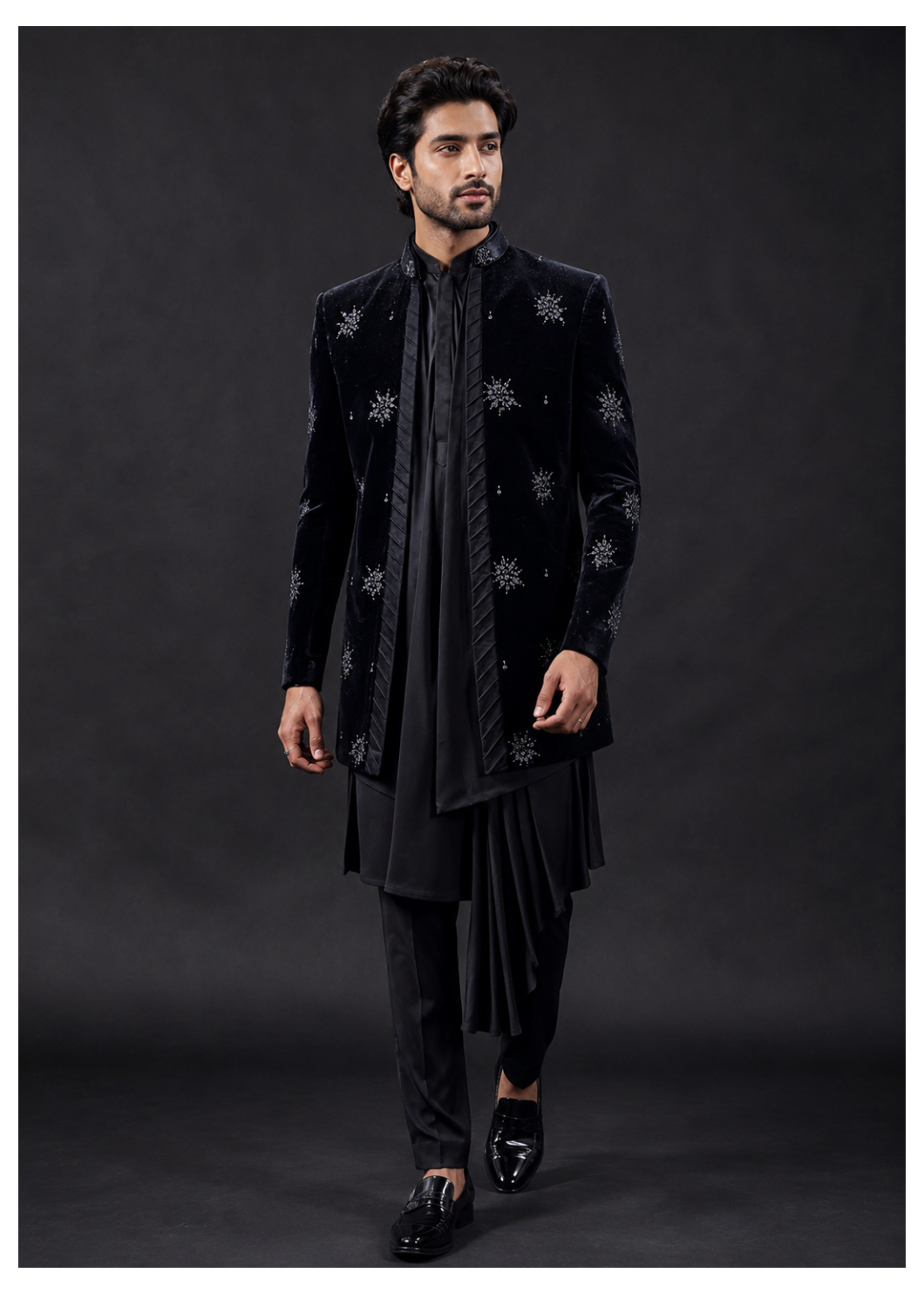 Midnight Black Velvet Embellished Indo Western Set