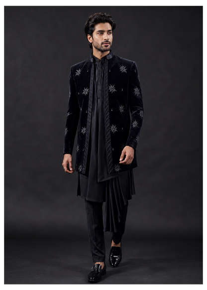Midnight Black Velvet Embellished Indo Western Set