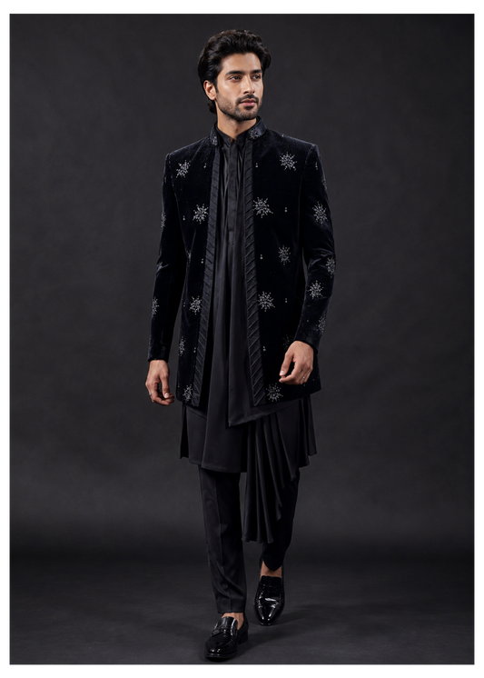 Midnight Black Velvet Embellished Indo Western Set
