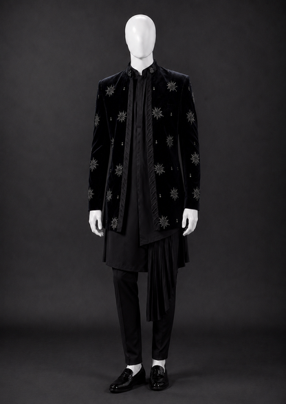 Midnight Black Velvet Embellished Indo Western Set