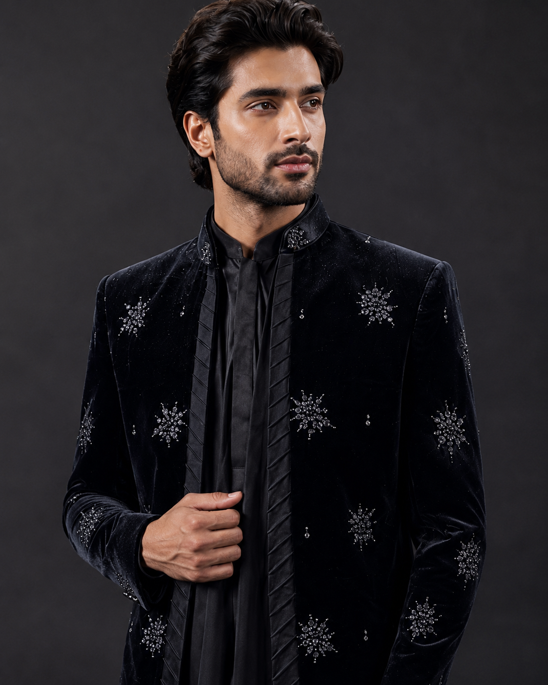 Midnight Black Velvet Embellished Indo Western Set