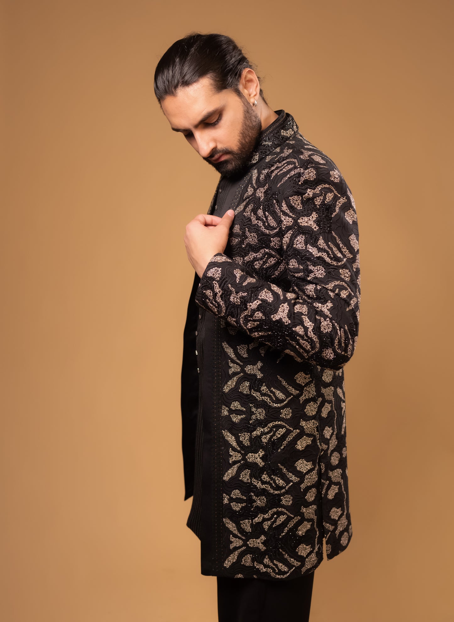 Midnight Black & Antique Gold Embroidered Indo-Western