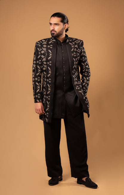 Midnight Black & Antique Gold Embroidered Indo-Western
