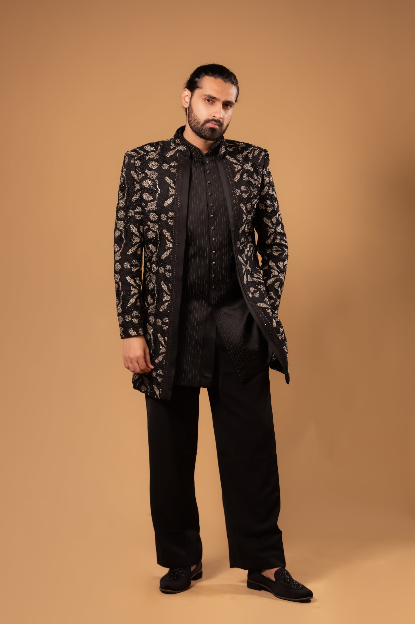 Midnight Black & Antique Gold Embroidered Indo-Western