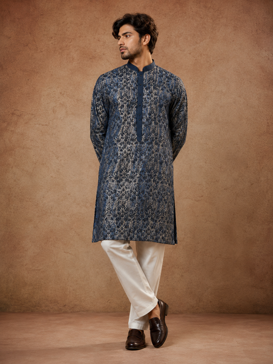 Midnight Blue Floral Jacquard Silk Blend Men’s Kurta with Woven Self Design