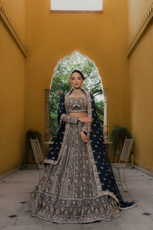 Midnight Blue Georgette Lehenga with Zardosi & Sequin Embroidery