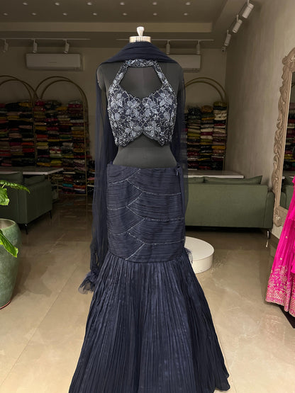 Midnight Blue Halter Neck Embroidered Mermaid Gown with Pleated Detailing