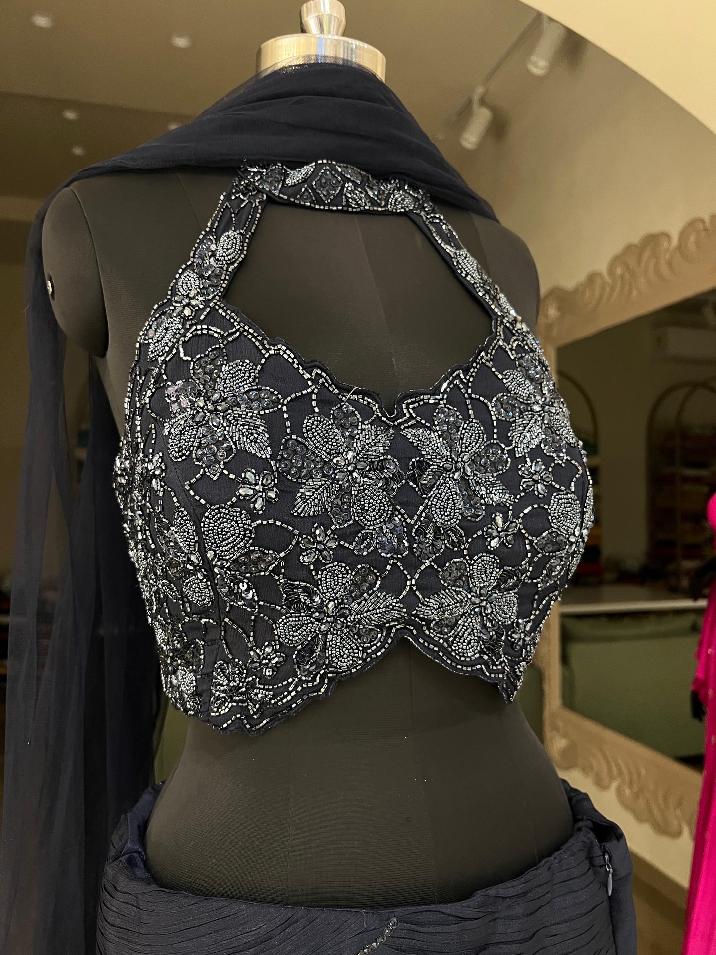 Midnight Blue Halter Neck Embroidered Mermaid Gown with Pleated Detailing