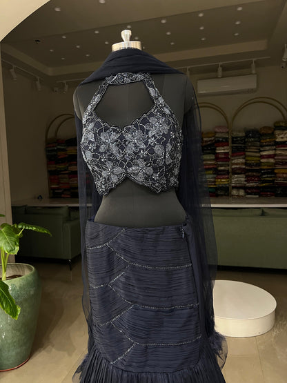 Midnight Blue Halter Neck Embroidered Mermaid Gown with Pleated Detailing