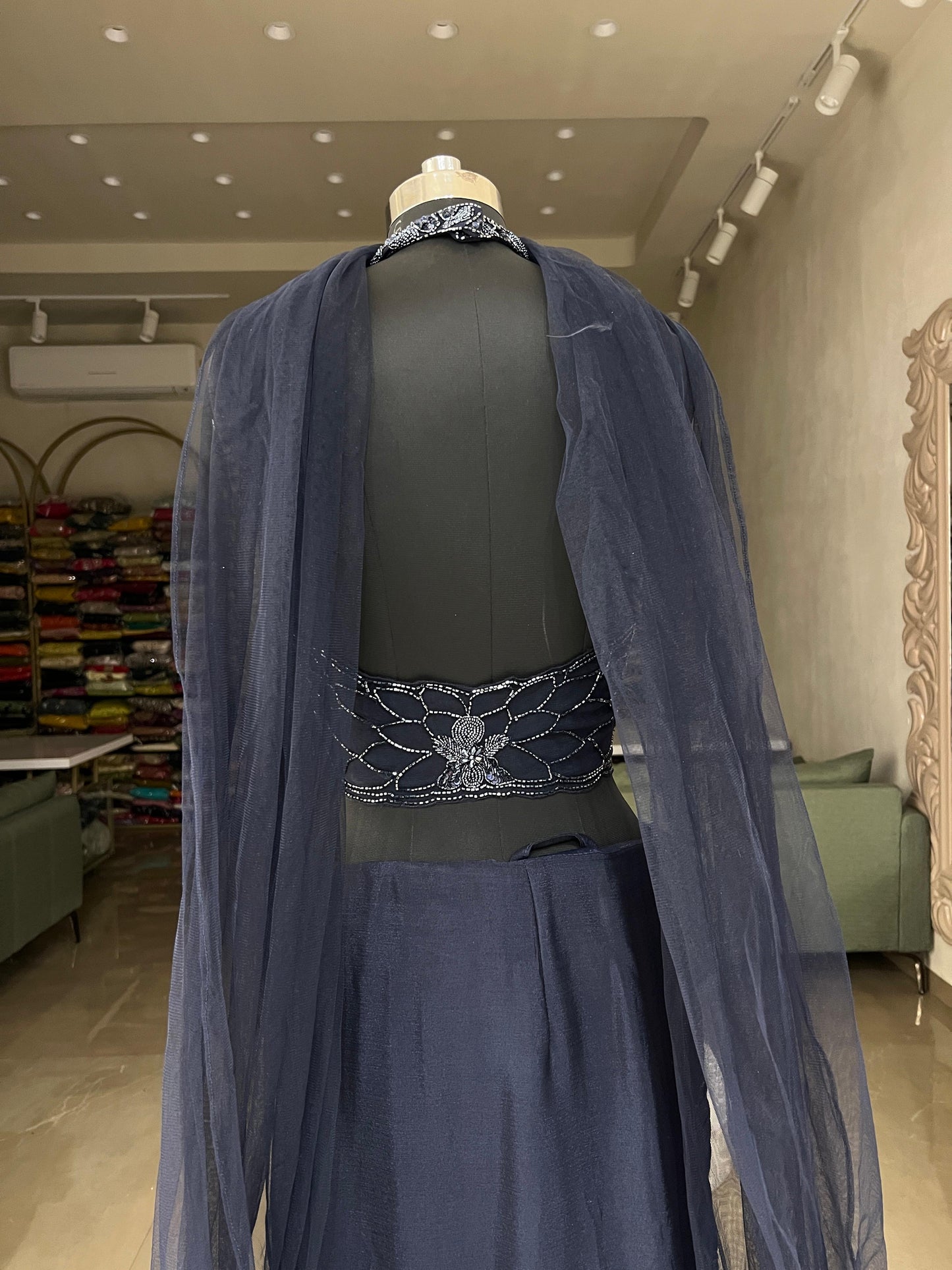 Midnight Blue Halter Neck Embroidered Mermaid Gown with Pleated Detailing