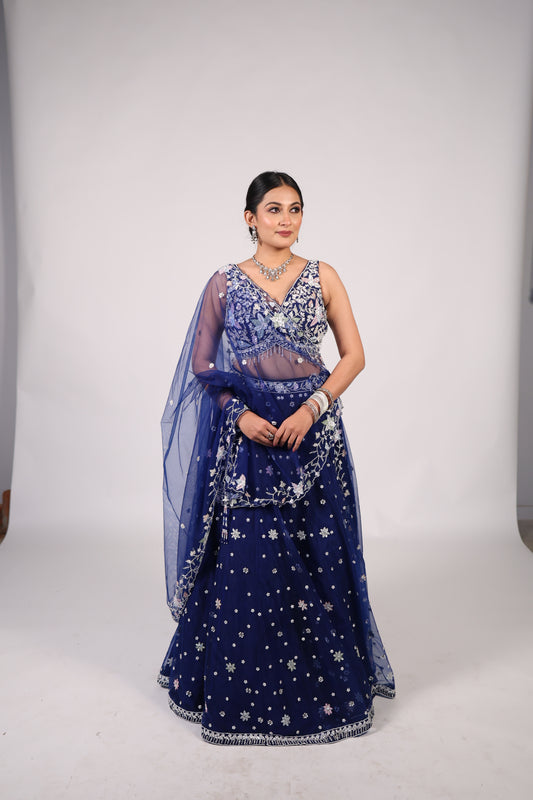 Midnight Blue Hand-Embroidered Festive Lehenga Choli