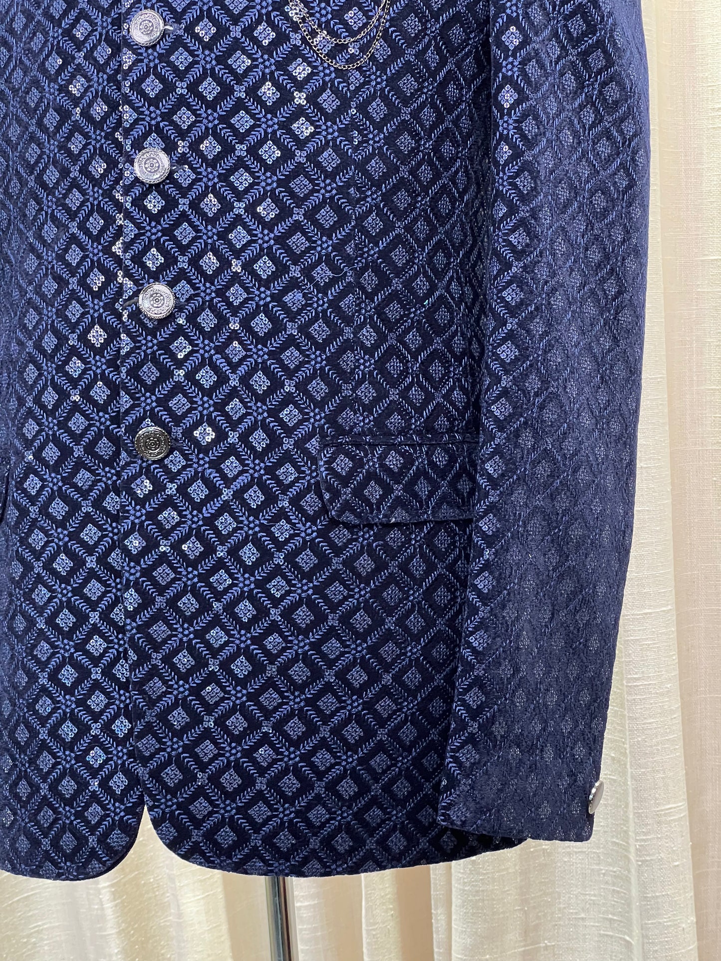 Midnight Blue Velvet Jodhpuri Suit with Silver Geometric Detailing