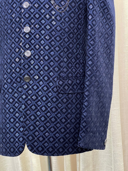 Midnight Blue Velvet Jodhpuri Suit with Silver Geometric Detailing