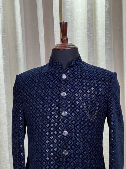 Midnight Blue Velvet Jodhpuri Suit with Silver Geometric Detailing