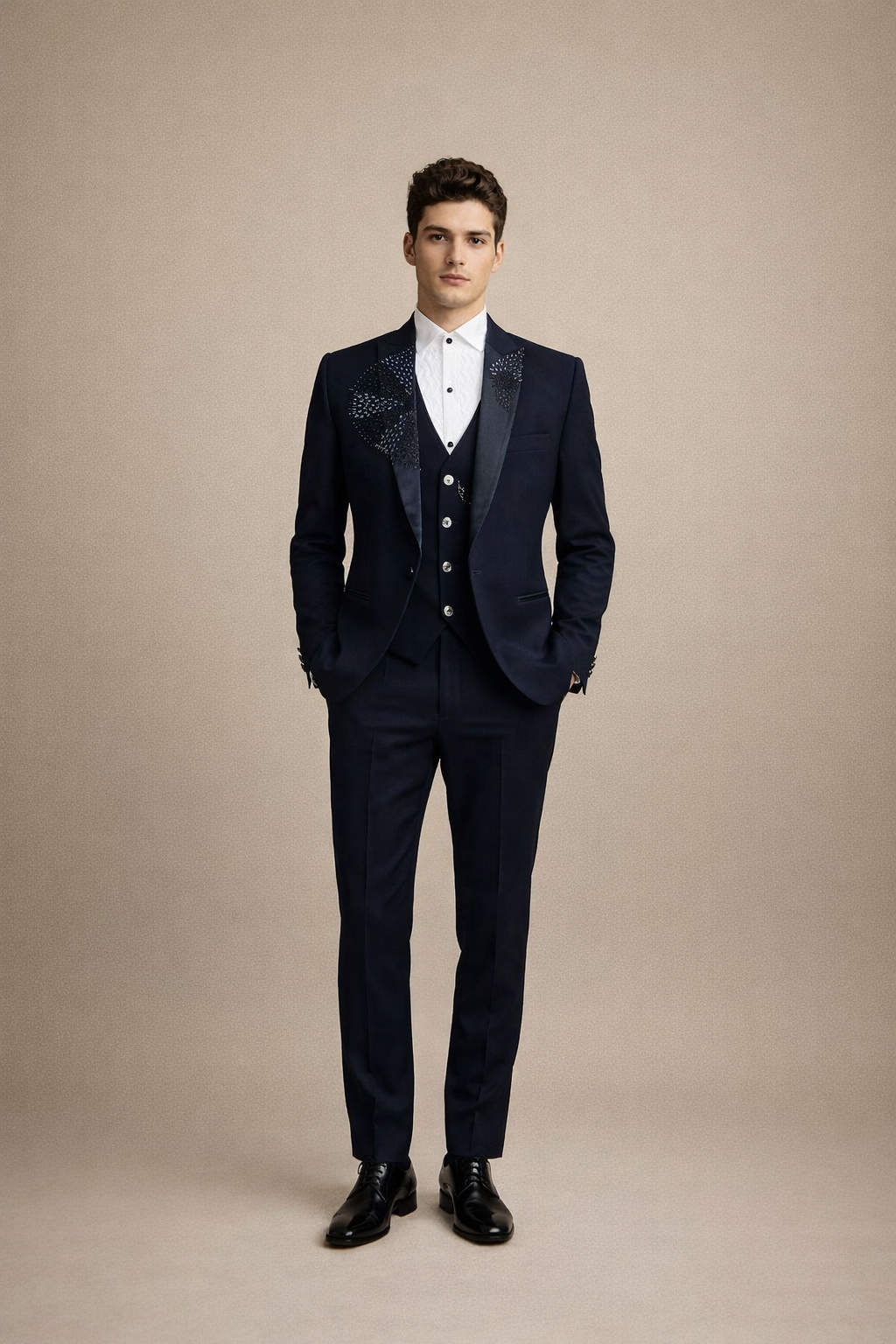 Midnight Navy Blue Embellished Designer Tuxedo Suit