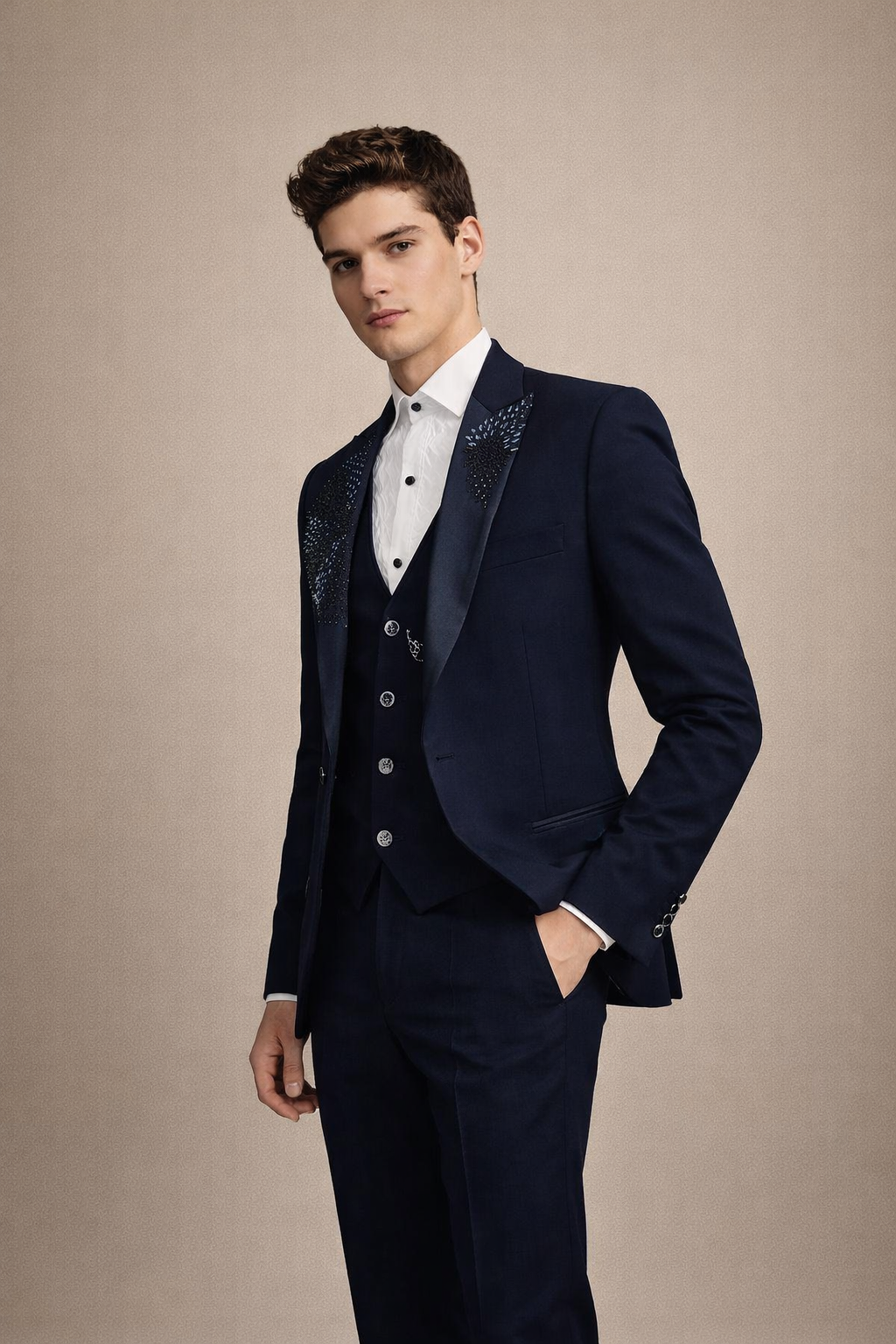 Midnight Navy Blue Embellished Designer Tuxedo Suit
