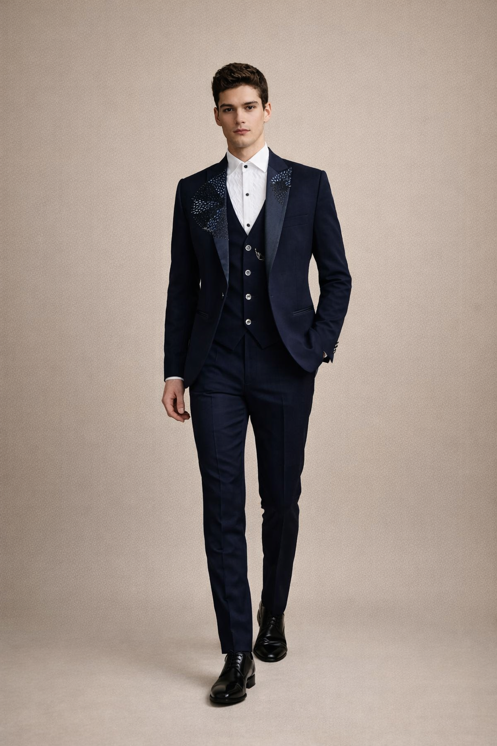Midnight Navy Blue Embellished Designer Tuxedo Suit