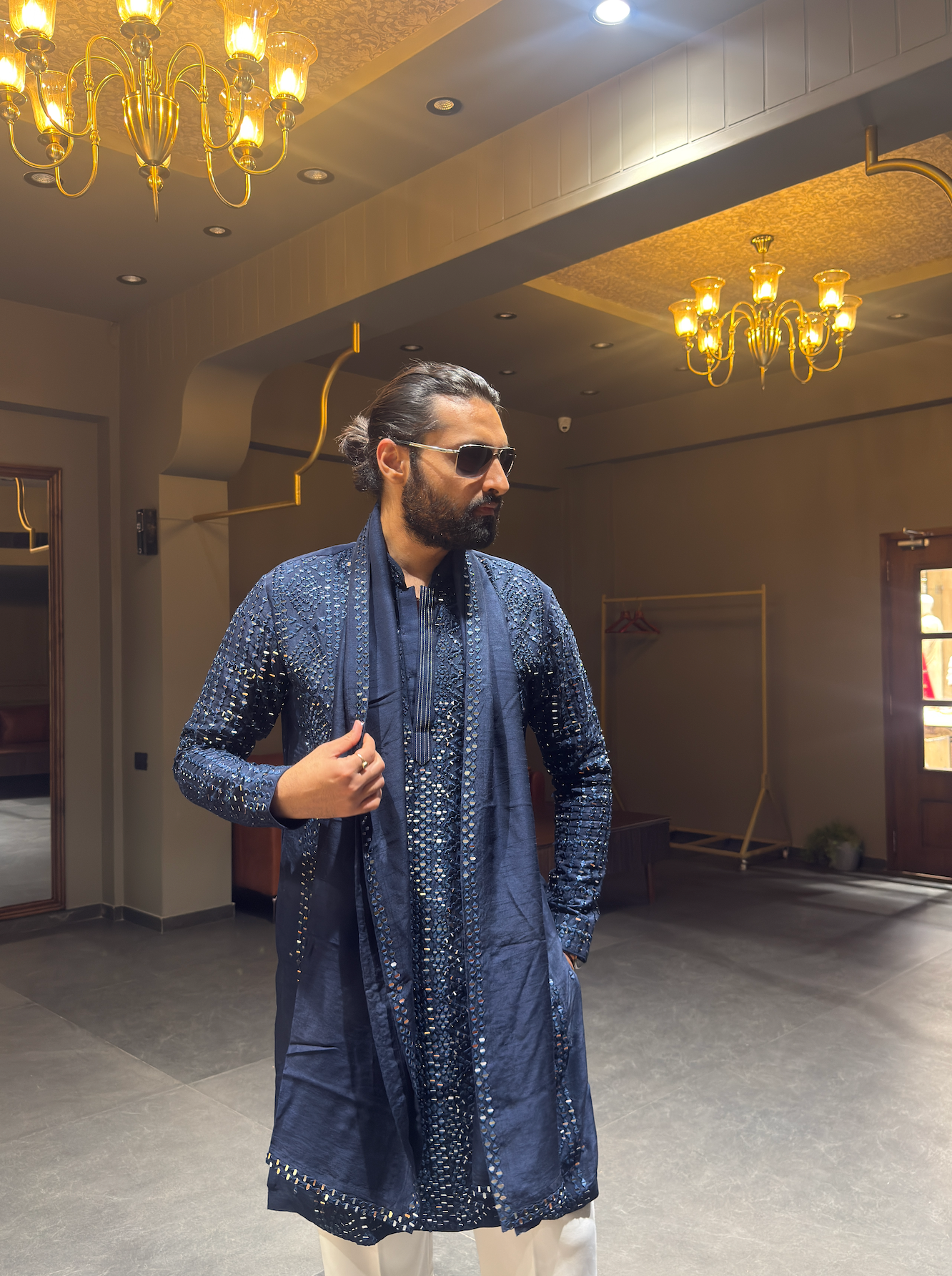 Midnight Navy Blue Mirror Work Kurta