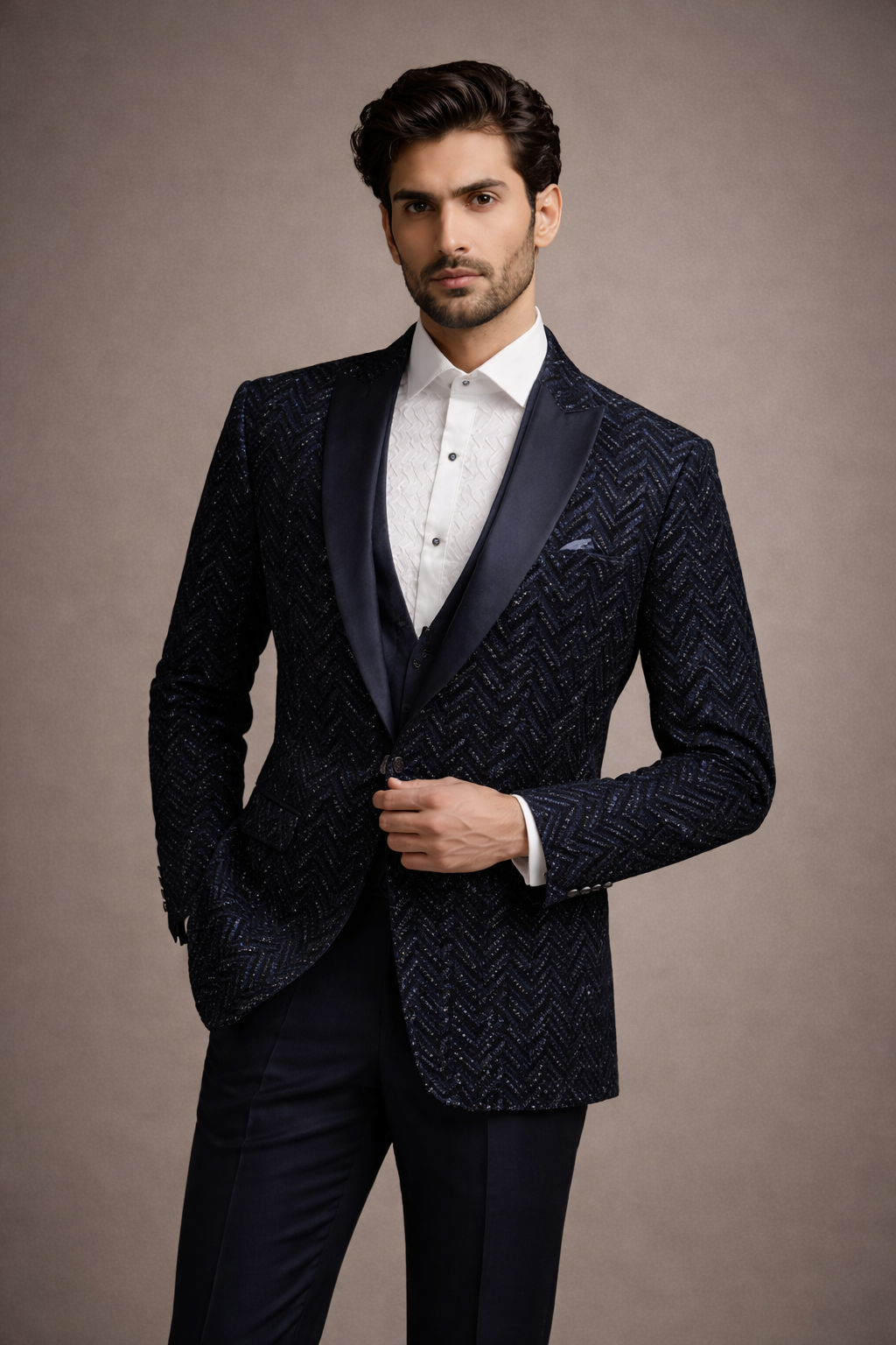 Midnight Navy Blue Sequin Chevron Tuxedo Blazer Set