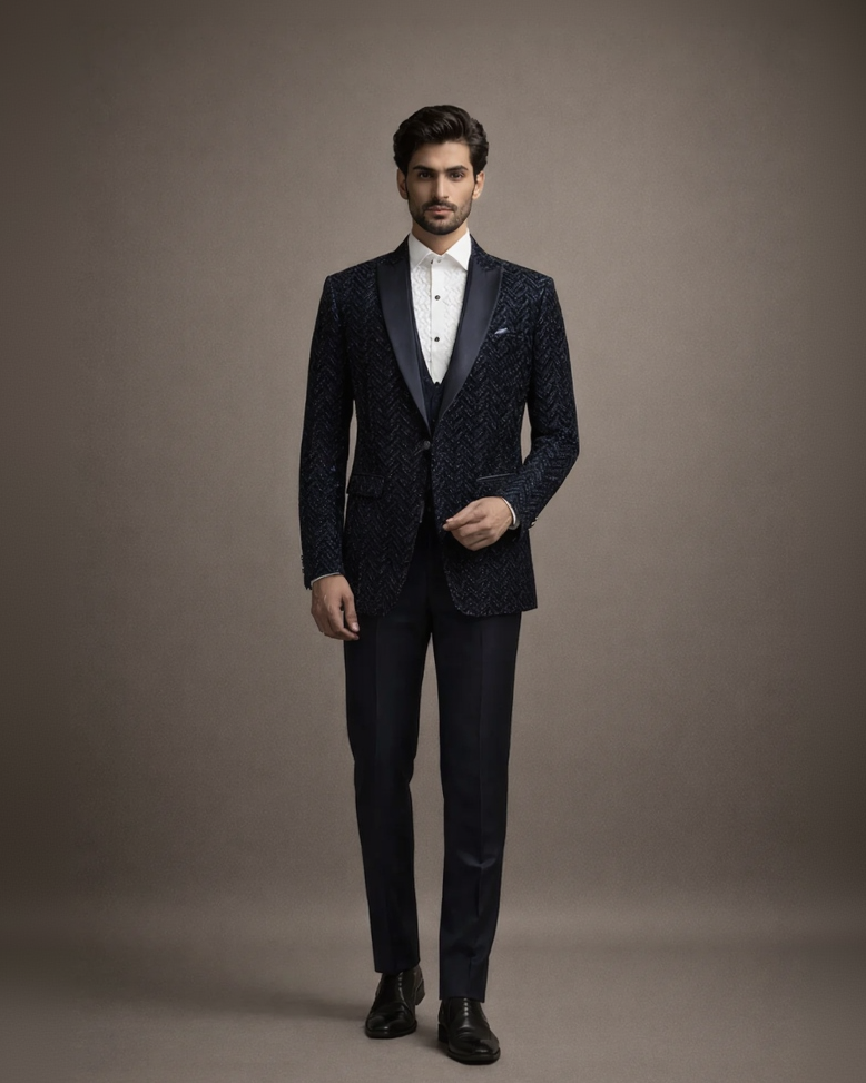 Midnight Navy Blue Sequin Chevron Tuxedo Blazer Set