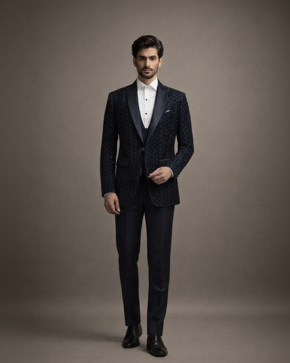 Midnight Navy Blue Sequin Chevron Tuxedo Blazer Set