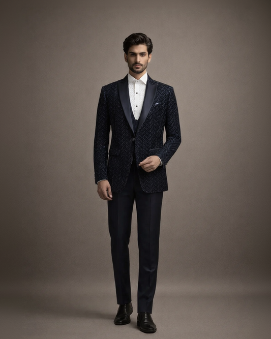 Midnight Navy Blue Sequin Chevron Tuxedo Blazer Set