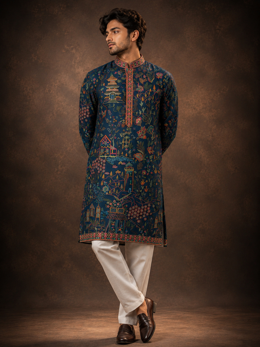 Midnight Navy Scenic Heritage Printed Kurta with Intricate Multicolor Art Motif