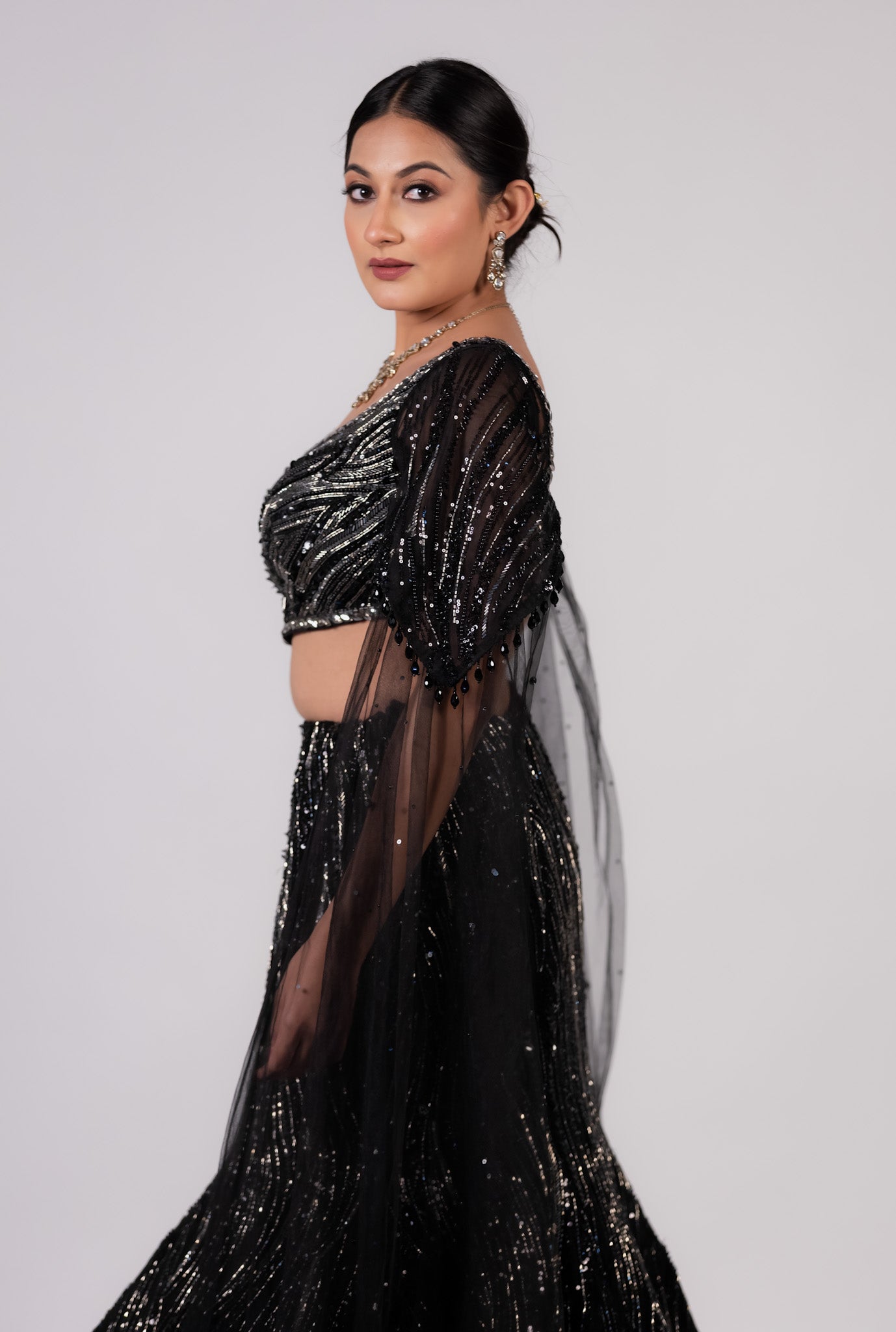 Midnight Noir Sequin Cape Lehenga Set