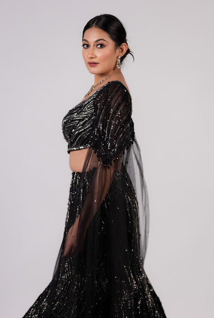 Midnight Noir Sequin Cape Lehenga Set