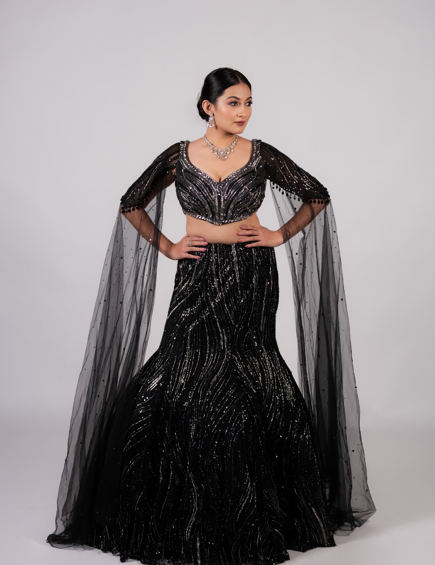 Midnight Noir Sequin Cape Lehenga Set