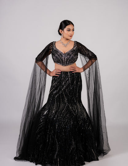 Midnight Noir Sequin Cape Lehenga Set